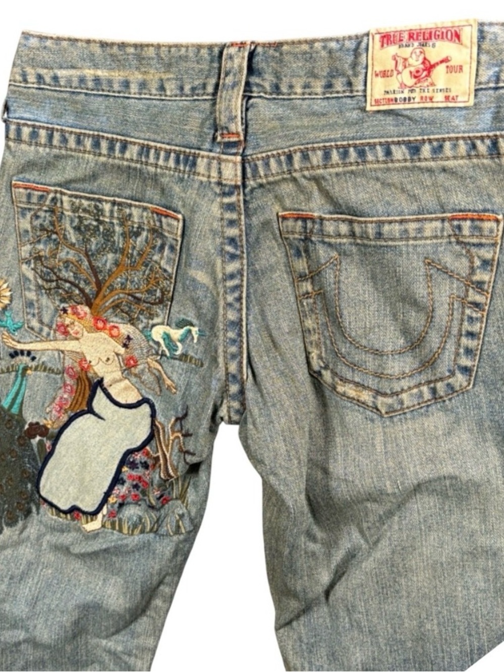 True Religion Flare Jeans Womens 26 Blue Art Nouveau Embroidered Y2K
